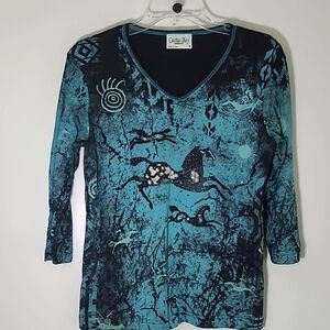 Cactus Bay aztec aqua & black tee top with horses Sz S